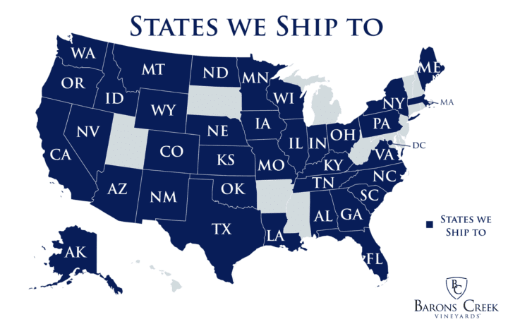Barons Creek Vineyards wine club shipping map of the United States.